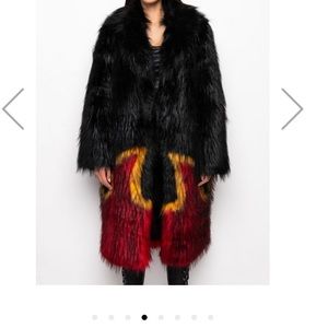 Black fur coat with flame design on the bottom. Size large from AKIRA